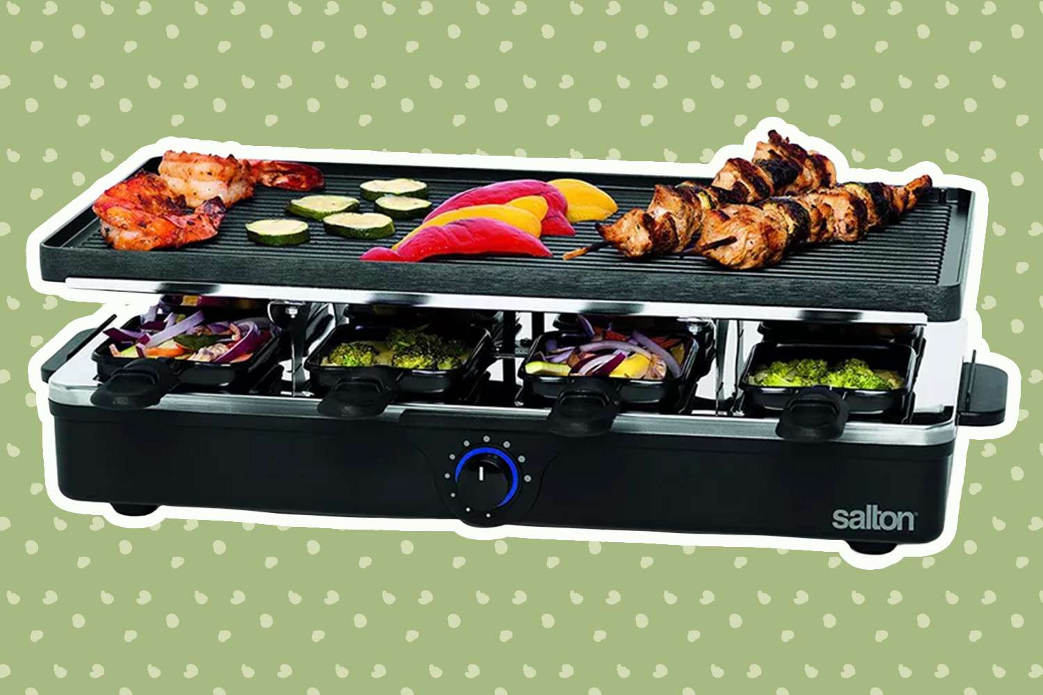 Salton 8-Person Party Grill and Raclette on a green background
