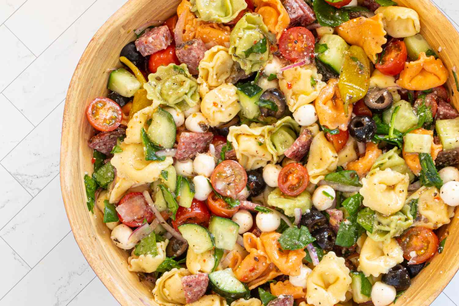 tortellini pasta salad closeup