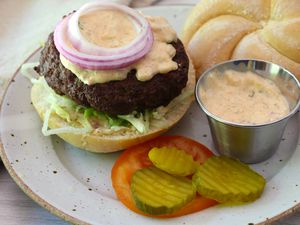 Cajun burger with remoulade sauce.