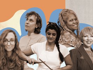 Five women headshots on a patterned background