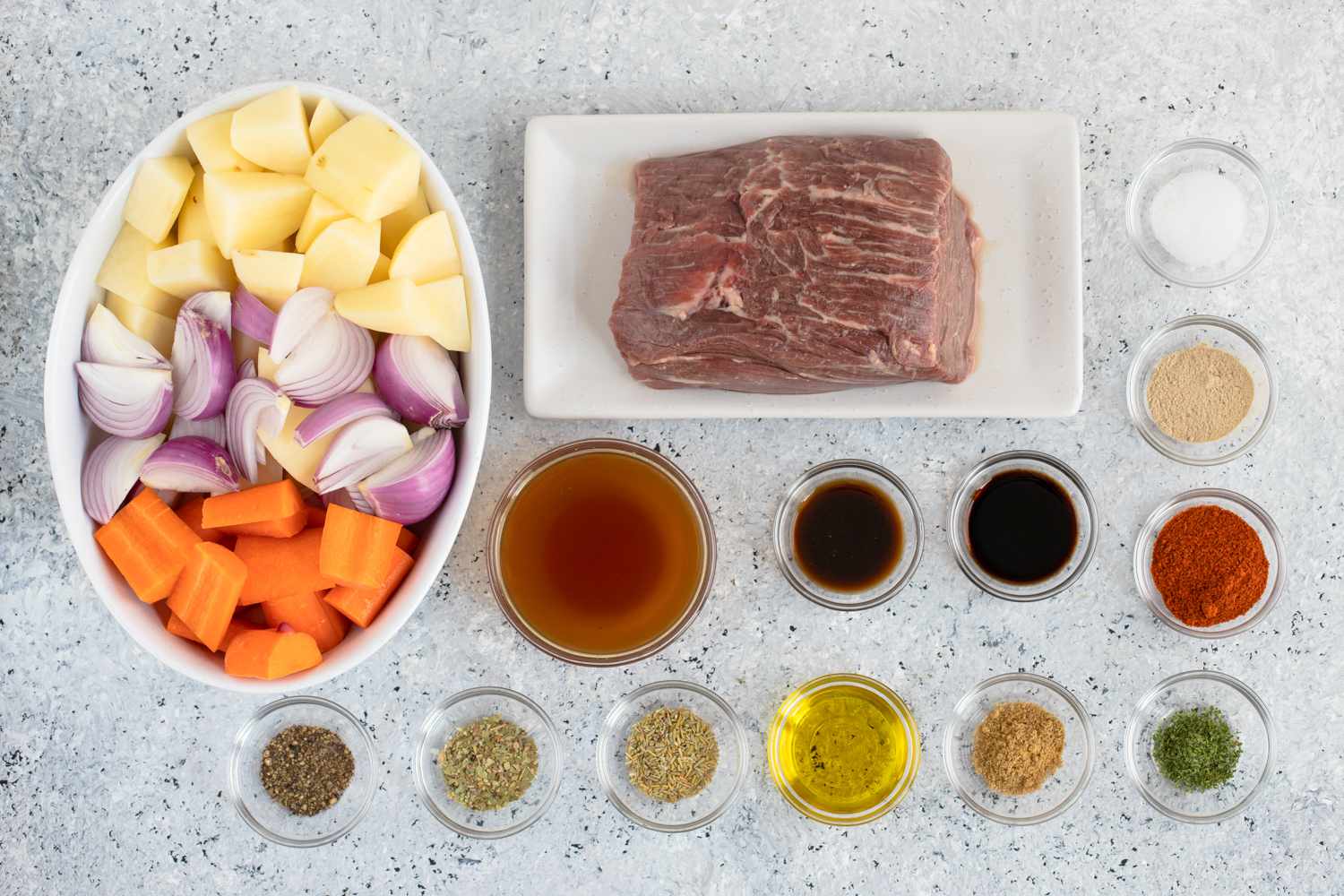 Ingredients for tri-tip roast with vegetables recipe gathered