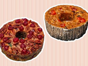 Collage of fruitcakes we recommend on a pink background