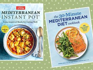 Two Mediterranean cookbooks on a green background