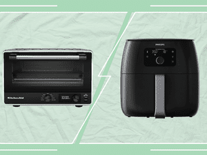 KitchenAid Digital Countertop Toaster Oven and Philips Premium Airfryer XXL HD9650 collaged on a green background