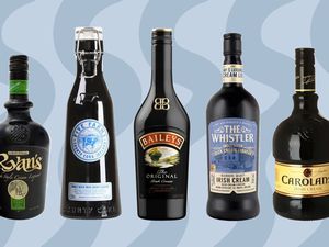 Assortment of Irish cream liqueurs we recommend displayed against a two-tone blue patterned background