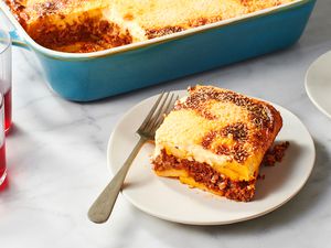 Greek moussaka with potatoes served on a plate