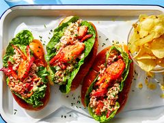 Maine Lobster Rolls on a tray, served with chips 