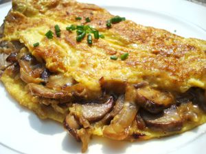 Mushroom and onion omelet on white plate.