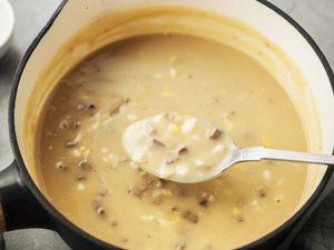 Chopped eggs and giblets in gravy in a pot