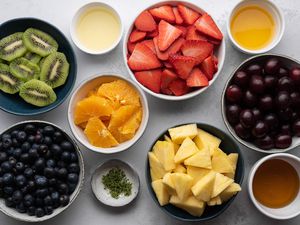Easy Fruit Salad ingredients in bowls 