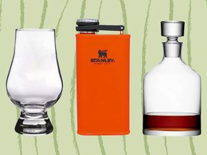 A collage of gifts for whiskey lovers we recommend on a striped green background