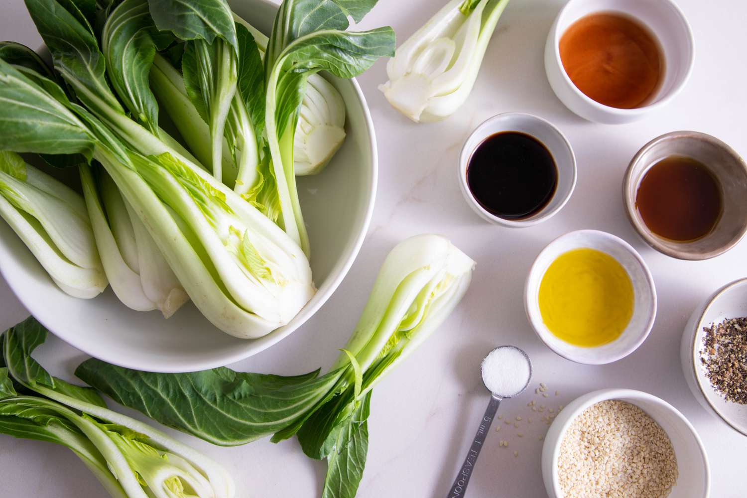 Ingredients for making roasted bok choy gathered