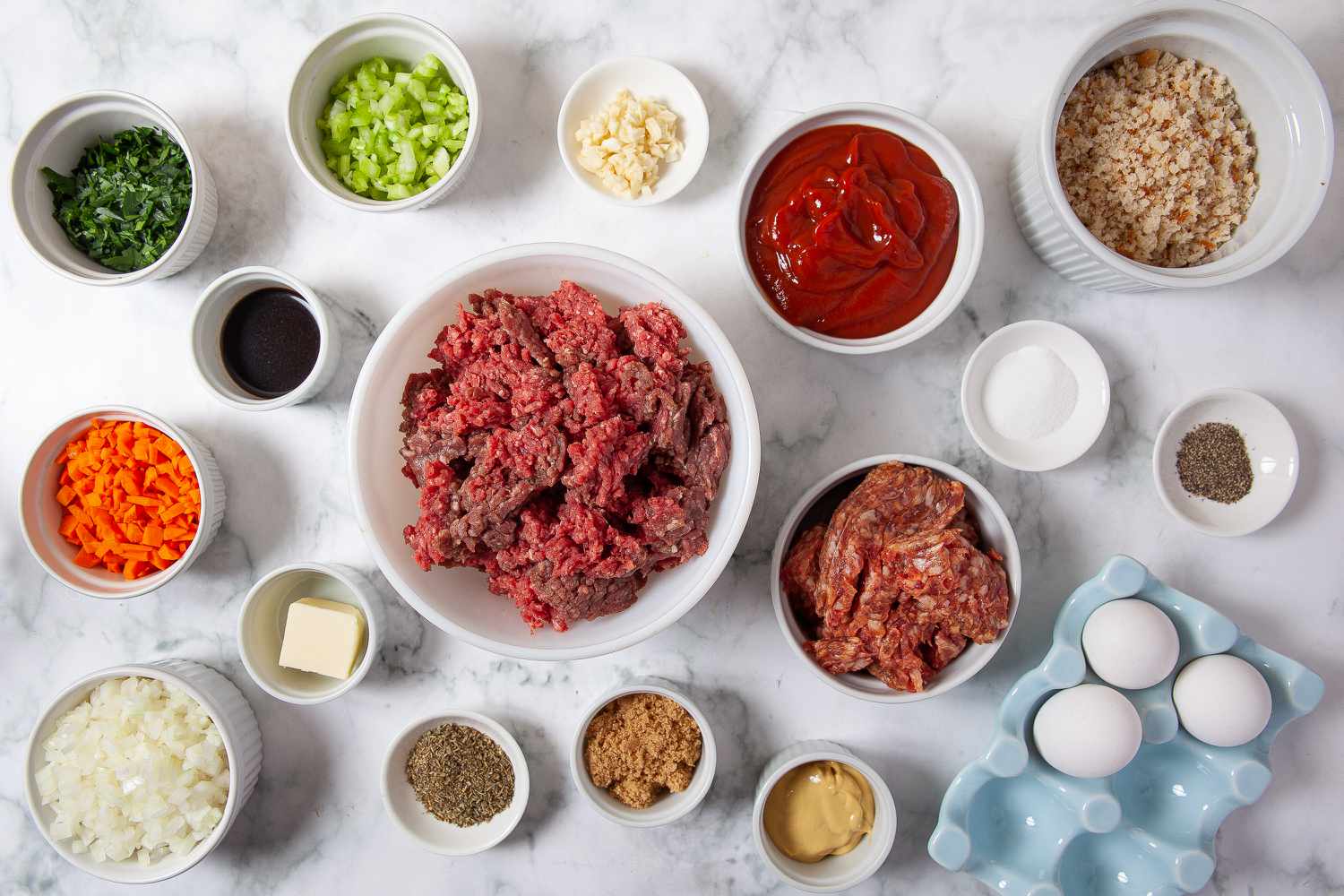 Ingredient for meatloaf with sausage recipe gathered