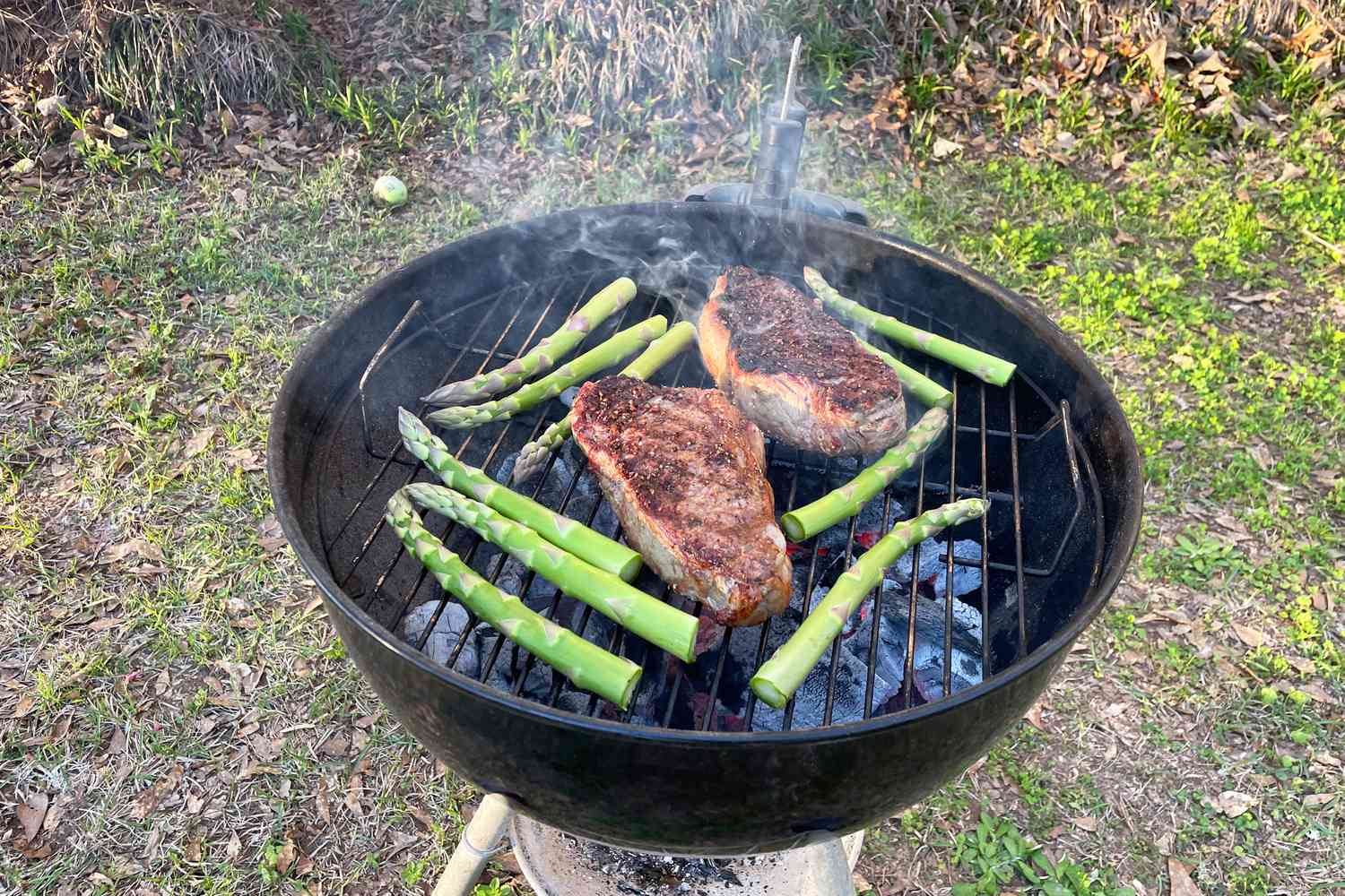 Steak and asparagus cooking on the grill over FOGO Super Premium Oak Restaurant All-Natural Hardwood Lump Charcoal