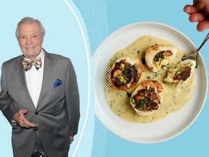 A photo of Chef Jacques PÃ©pin next to a photo of his oeufs Jeannette egg dish on a plate 