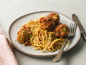 Meatballs with beef and sausage and spaghetti on a plate