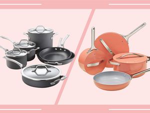 Caraway Cookware Set and Calphalon Signature Nonstick 10-Piece Cookware Set collaged against a split pink background