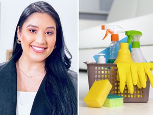 woman next to a basket full of cleaning supplies