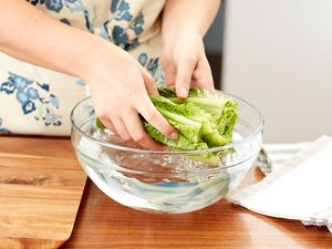 Lettuce leaves being washed in bowl