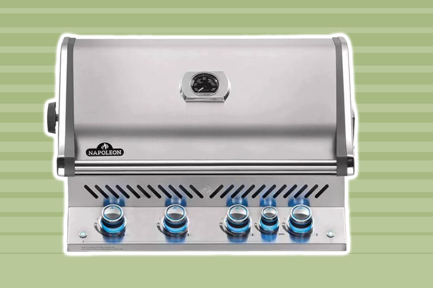 Napoleon Grills Built-in Prestige 500 with Infrared Rear Burner Natural Gas Grill collaged on a green background