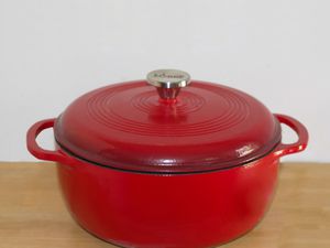 Red Lodge Enameled Cast Iron Dutch Oven on a wood surface