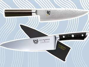 Two forged knives we recommend outlined in white and displayed on a blue and white patterned background