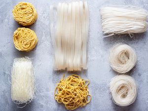 Different Chinese Noodle on a counter, rice and wheat noodles