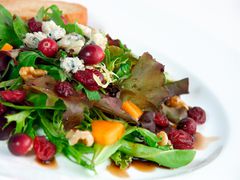 Close up of mixed greens with dried cranberries and balsamic dressing