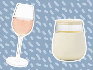 Two outdoor wine glasses we recommend outlined in white and displayed on a blue patterned background