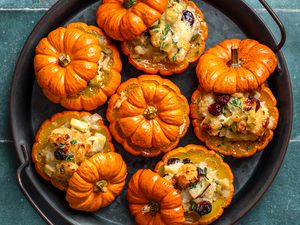 stuffed mini pumpkins on a tray