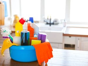 Bucket of kitchen-cleaning products