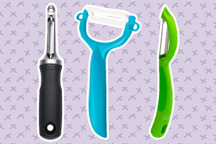 Best vegetable peelers collaged against purple patterned background