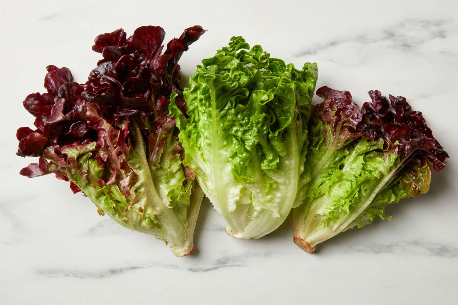 Green and red leaf lettuce on a marble surface