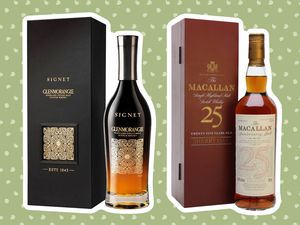 A collage of Glenmorangie Signet Single Malt Whisky and Macallan Sherry Oak Single Malt Scotch Whisky on green background