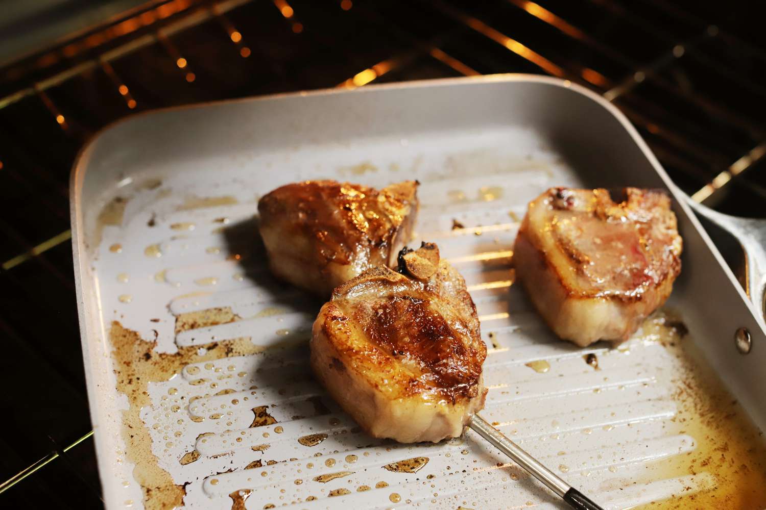 Searing lamb chops on the Caraway Griddle Pan