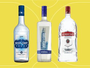 Brands of inexpensive vodka we recommend on a yellow background