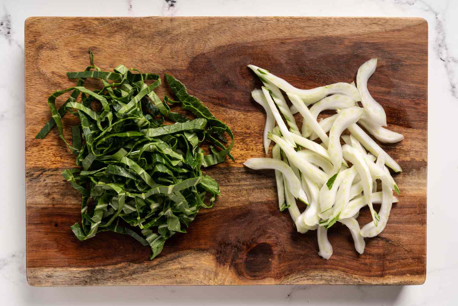 Cut the bok choy stalks diagonally and the leaves straight across