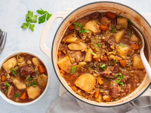 Traditional Irish stew in a casserole and a small bowl