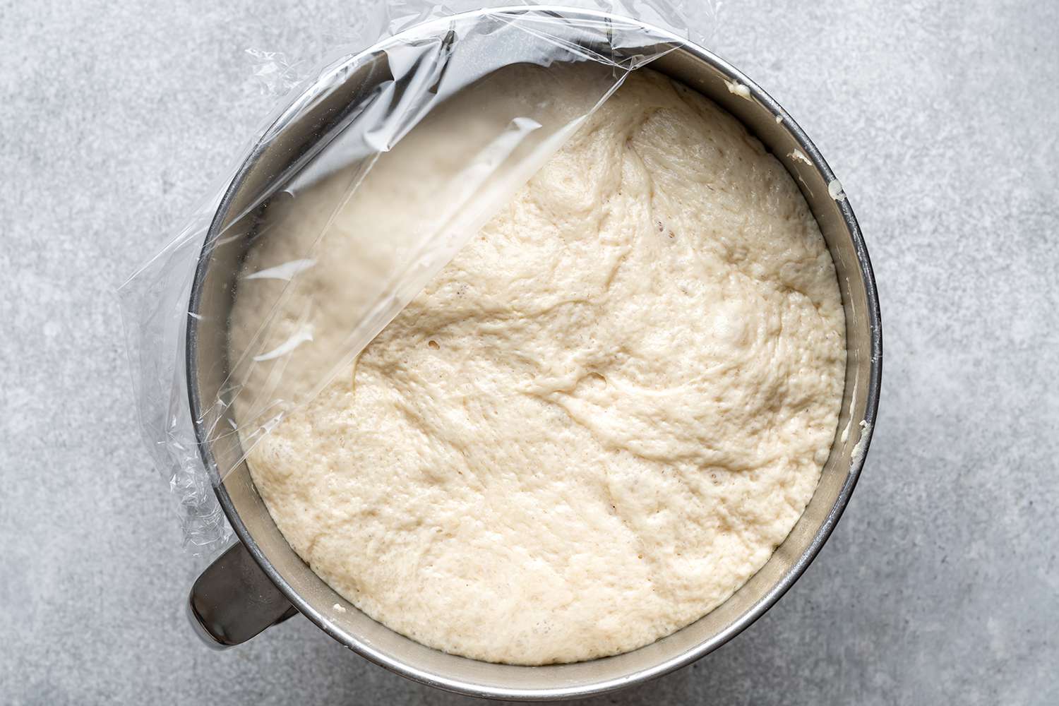 bread proofing in a stainless steel bowl