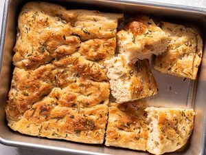 Focaccia Bread in a baking pan 