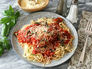 Chicken cacciatore on pasta