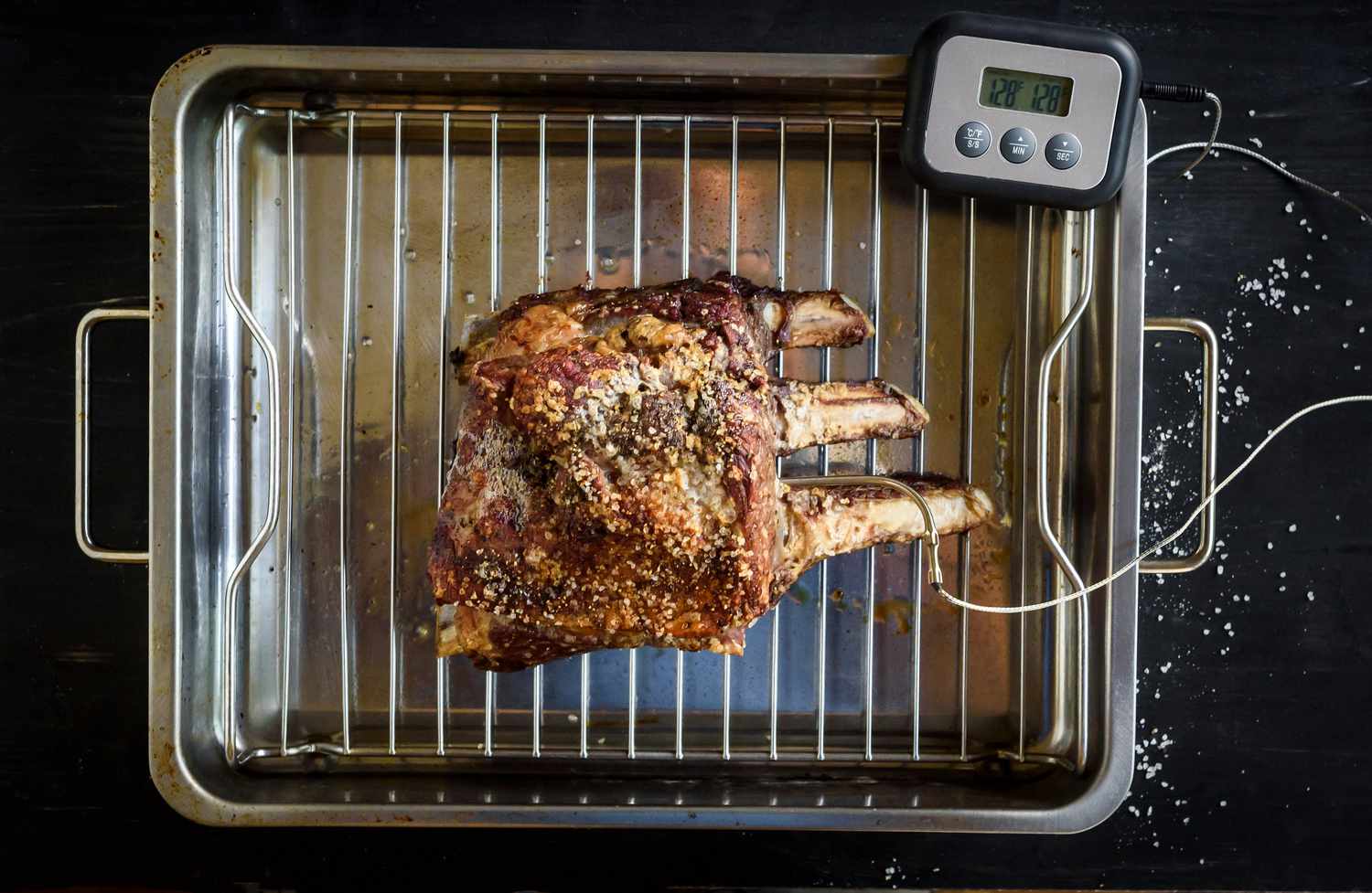 Prime rib roast in the oven.