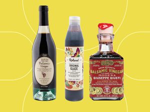 Collage of balsamic vinegars we recommend on a yellow background