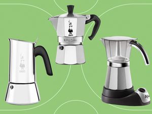 Moka pots we recommend on a green background