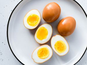 Easy Soy Sauce Eggs (Shoyu Tamago) on a white plate