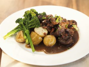 beef, potatoes, and red wine sauce