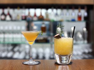 Two expertly prepared bar cocktails sitting on a counter with a bar in the background