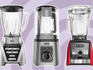 Three types of high-powered blenders on a purple background