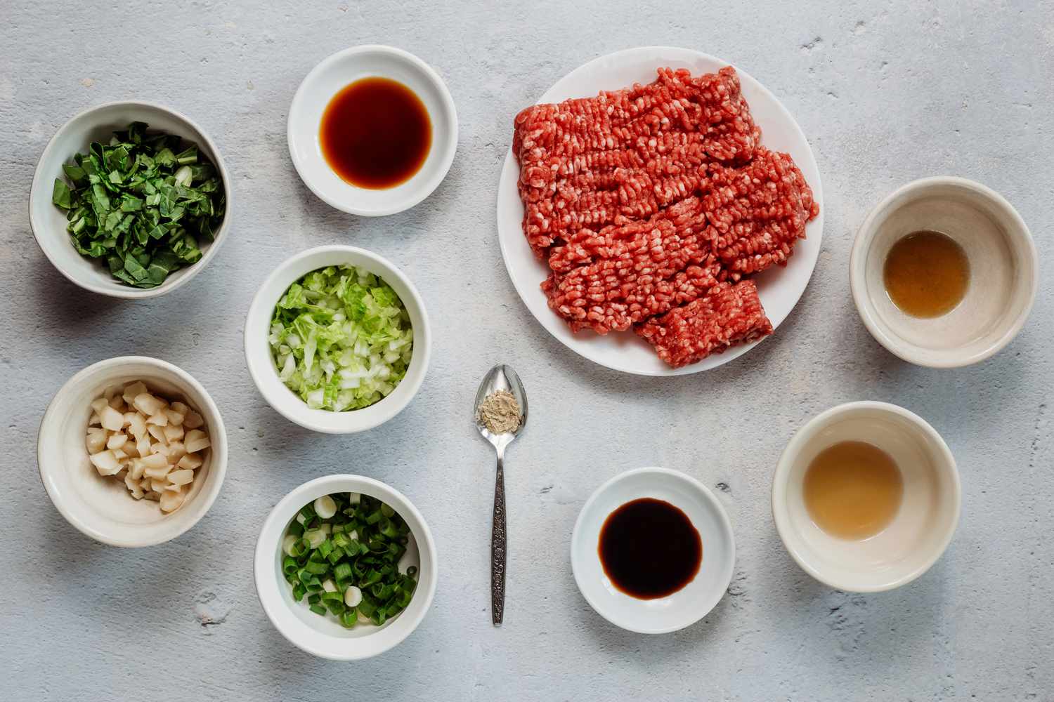 Ingredients gathered for Chinese pan-fried dumpling filling