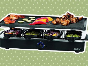 Salton 8-Person Party Grill and Raclette on a green background